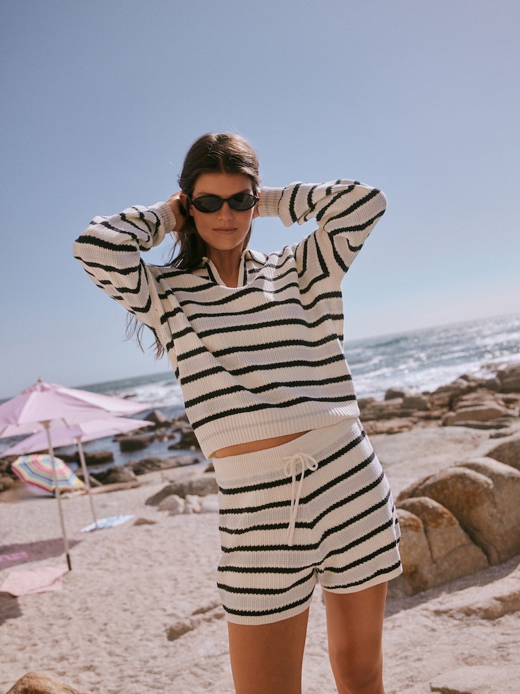 self. Blue Stripe Crochet Knit Short Set Co-ord - Image 2 of 10