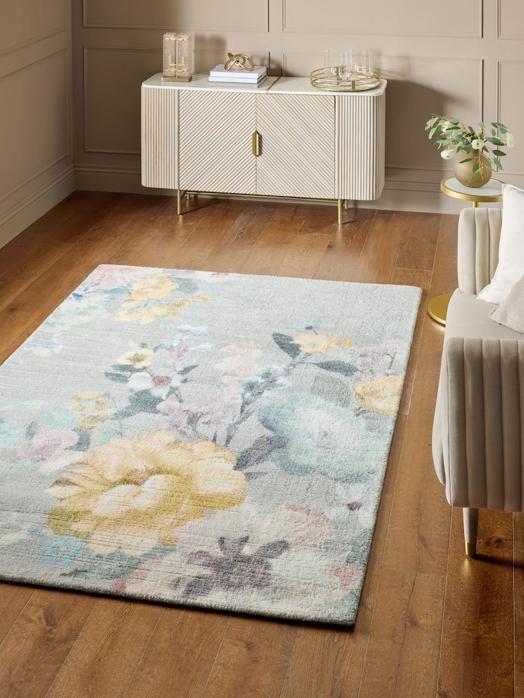 Lipsy Grey Photographic Floral Poppy Tufted Rug - Image 1 of 5