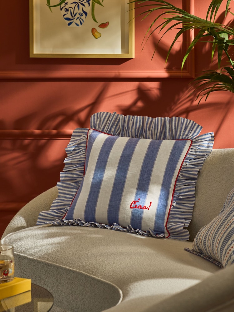 Lia Gold x Next Blue Stripe Mega Ruffle Slogan Cushion - Image 1 of 6 Lia Gold x Next Blue Stripe Mega Ruffle Slogan Cushion - Image 1 of 6