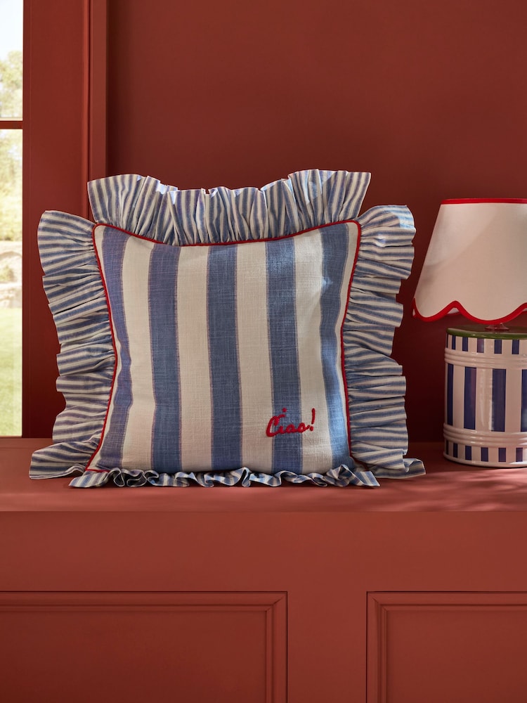 Lia Gold x Next Blue Stripe Mega Ruffle Slogan Cushion - Image 2 of 6 Lia Gold x Next Blue Stripe Mega Ruffle Slogan Cushion - Image 2 of 6