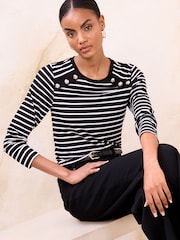 Lipsy Monochrome Stripe Jersey Military Button Long Sleeve Top - Image 1 of 4