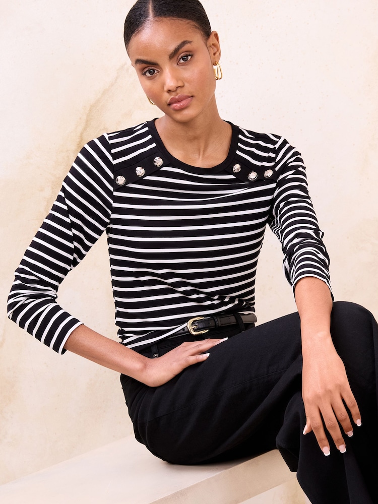 Lipsy Monochrome Stripe Jersey Military Button Long Sleeve Top - Image 1 of 4