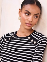 Lipsy Monochrome Stripe Jersey Military Button Long Sleeve Top - Image 2 of 4