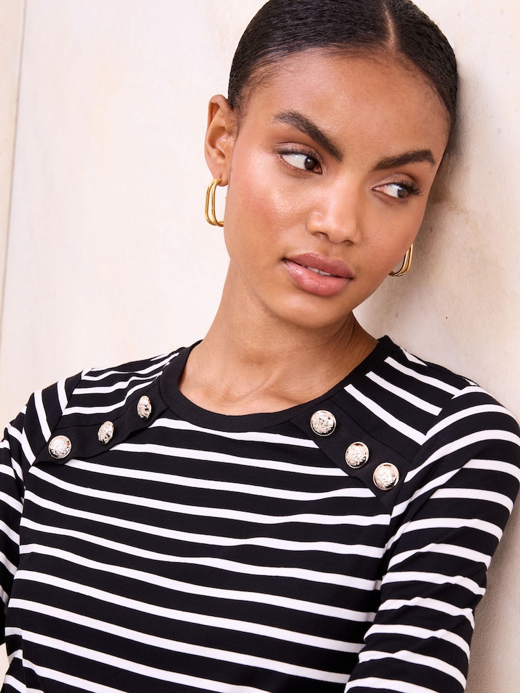 Lipsy Monochrome Stripe Jersey Military Button Long Sleeve Top - Image 2 of 4