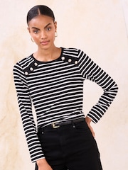 Lipsy Monochrome Stripe Jersey Military Button Long Sleeve Top - Image 3 of 4