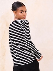 Lipsy Monochrome Stripe Jersey Military Button Long Sleeve Top - Image 4 of 4