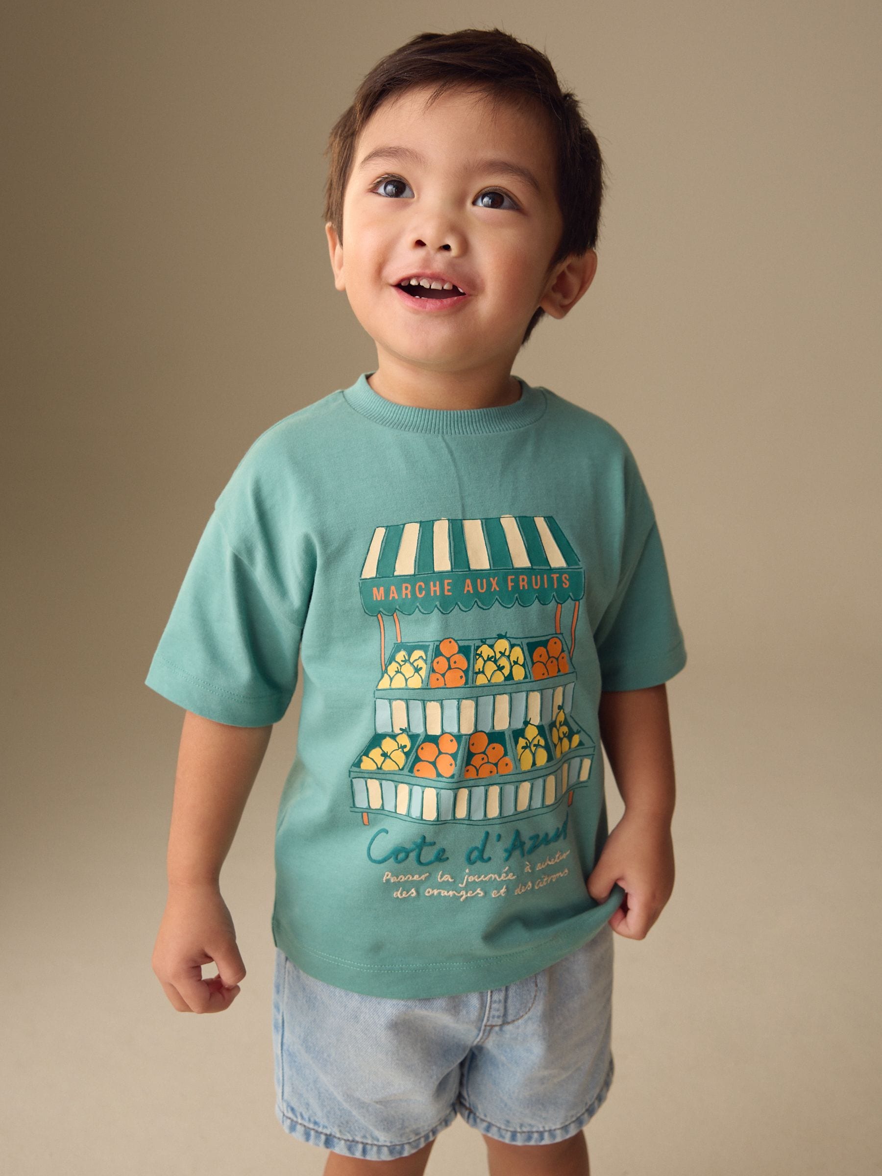 Blue/Green Fruit Stall Short Sleeve Appliqué T-Shirt (3mths-7yrs)