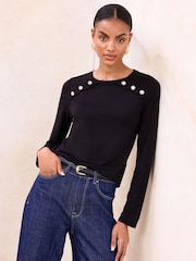 Lipsy Black Jersey Military Button Long Sleeve Top - Image 1 of 4