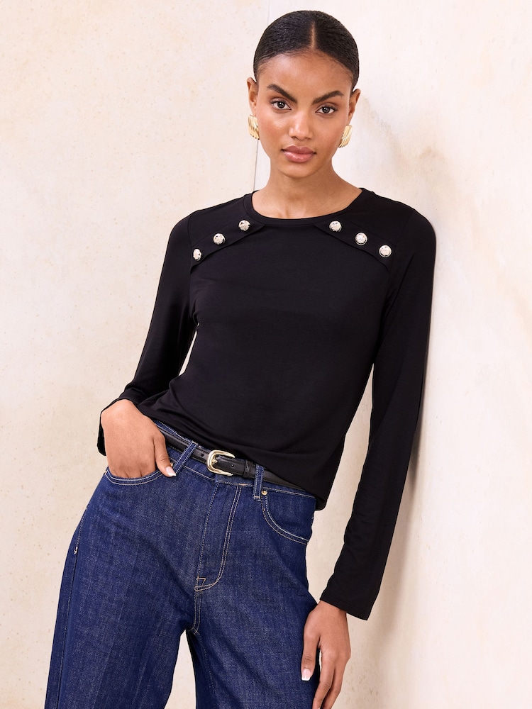 Lipsy Black Jersey Military Button Long Sleeve Top - Image 1 of 4