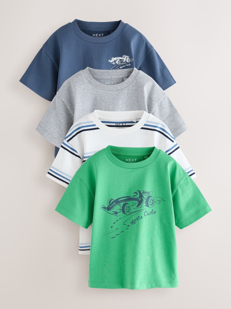 Blue/Green Car Short Sleeve Graphic T-Shirts 4 Pack (3mths-7yrs) - Image 1 of 8