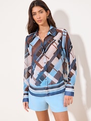Lipsy Blue Brown Check Chiffon Printed Shirt - Image 3 of 4