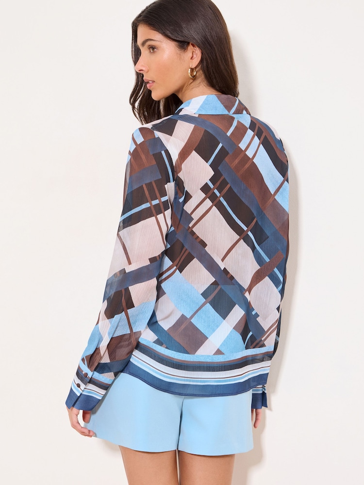 Lipsy Blue Brown Check Chiffon Printed Shirt - Image 4 of 4