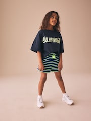 Navy Blue/Lime Green Stripe Tassel Textured Shorts (3-16yrs) - Image 1 of 8