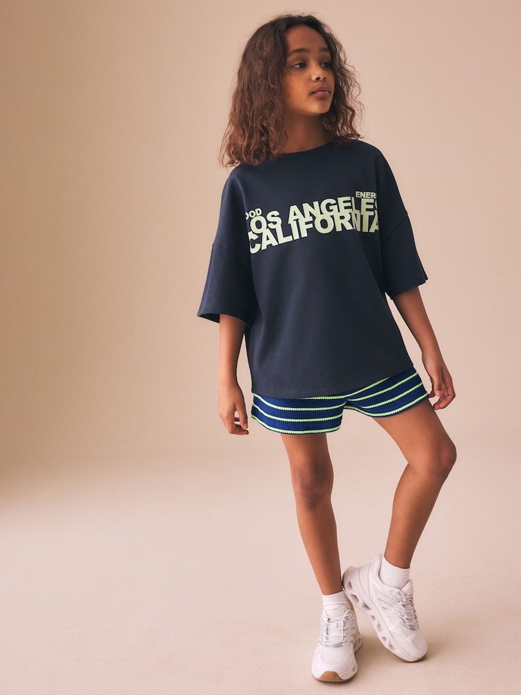 Navy Blue/Lime Green Stripe Tassel Textured Shorts (3-16yrs) - Image 2 of 8