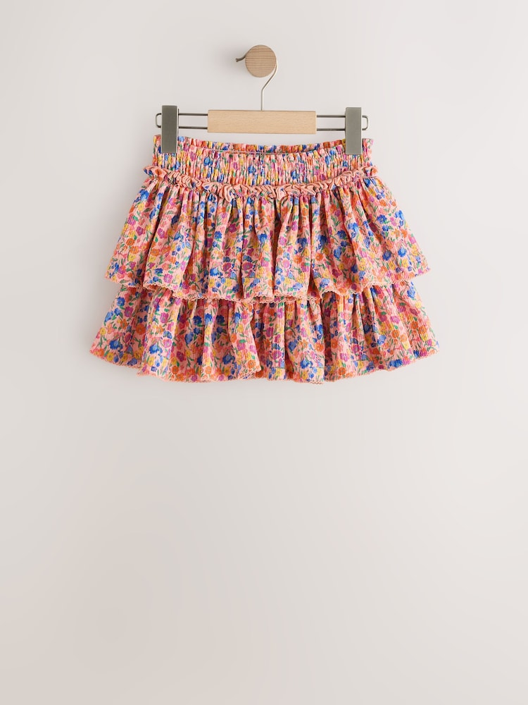 Pink/Orange Floral Crinkle Tiered Skirt (3-16yrs) - Image 1 of 4