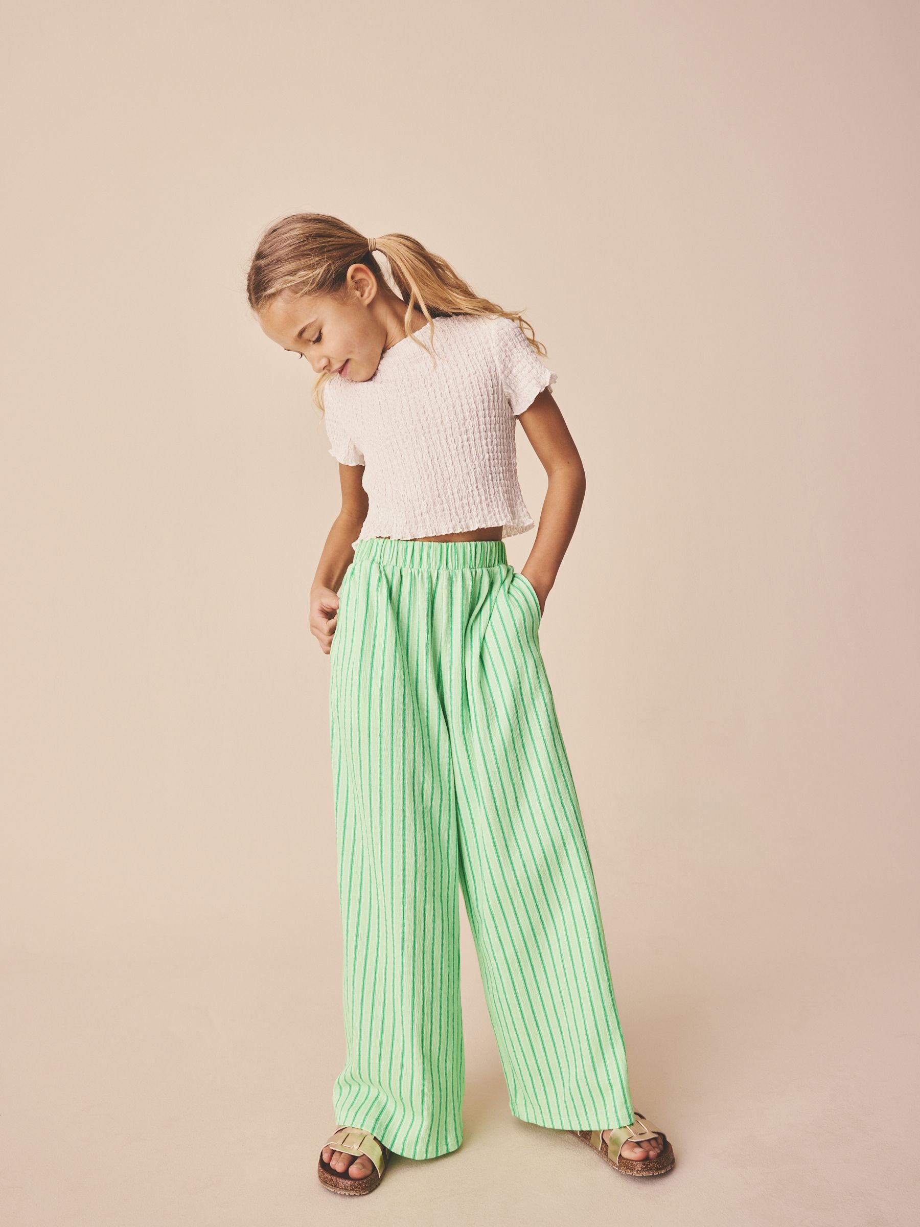 Buy Green Stripe Wide Leg Textured Trousers (3-16yrs) from the