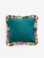 Clarke and Clarke Teal Trueno Floral Frill Cotton Velvet Cushion - Image 1 of 2
