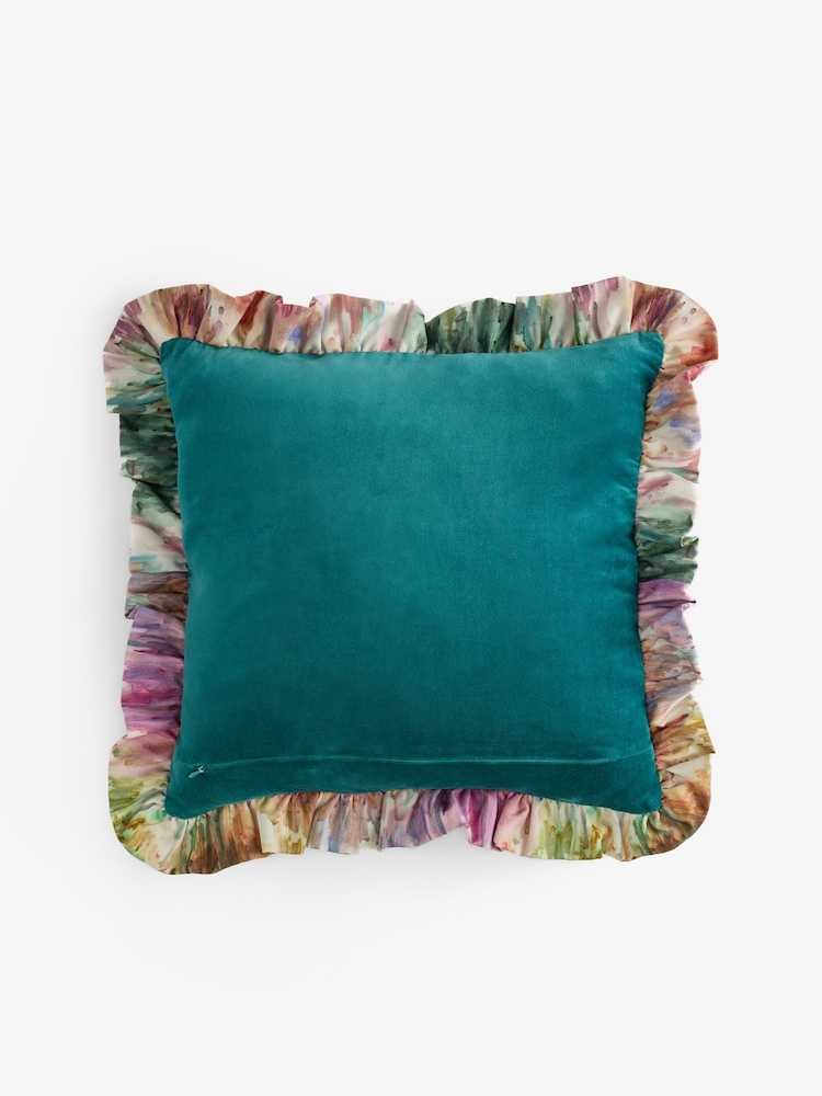 Clarke and Clarke Teal Trueno Floral Frill Cotton Velvet Cushion - Image 1 of 2