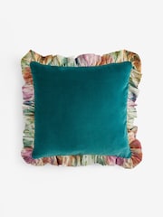 Clarke and Clarke Teal Trueno Floral Frill Cotton Velvet Cushion - Image 2 of 2