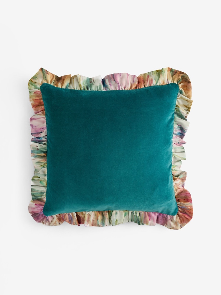 Clarke and Clarke Teal Trueno Floral Frill Cotton Velvet Cushion - Image 2 of 2