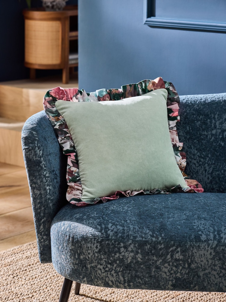 Clarke and Clarke Green Tahiti Floral Frill Cotton Velvet Cushion - Image 2 of 4