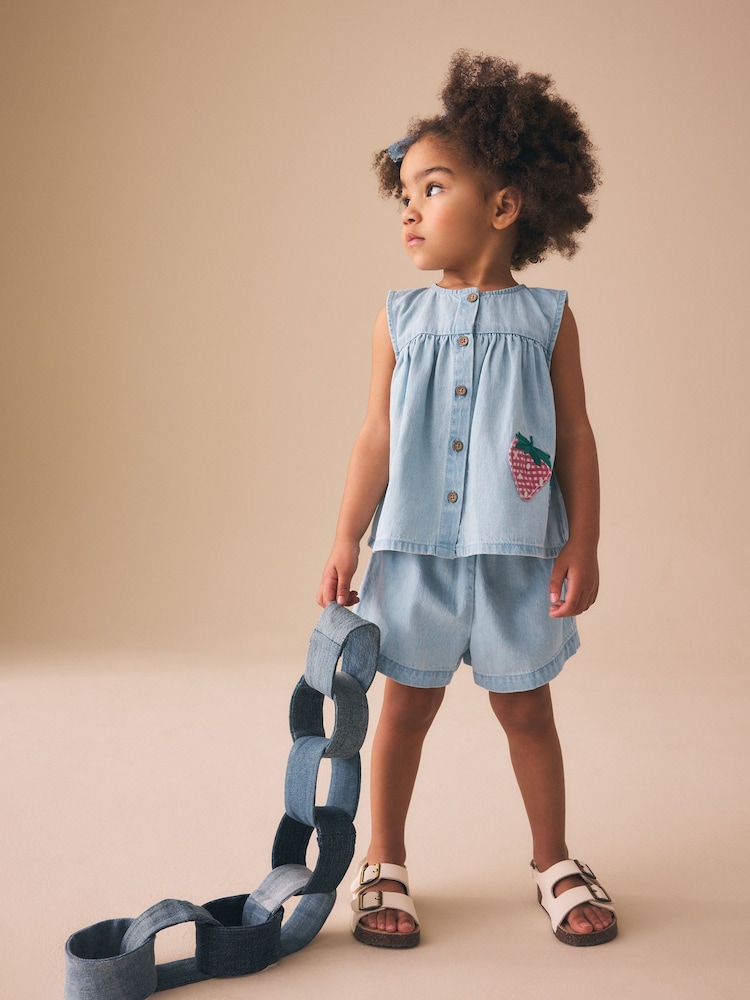 Strawberry Embroidered Denim Blouse And Short Co-ord Set (3mths-8yrs) - Image 1 of 4