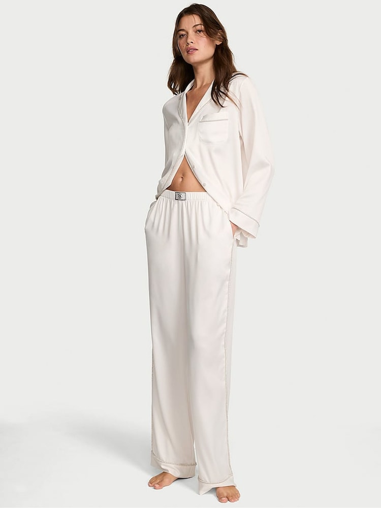 Victoria's Secret Coconut White Diamanté Trim Satin Shine Long Pyjamas Set - Image 1 of 3 Victoria's Secret Coconut White Diamanté Trim Satin Shine Long Pyjamas Set - Image 1 of 3