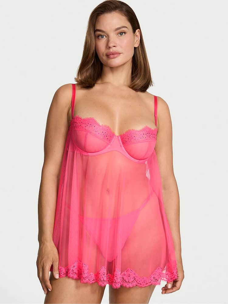 Victoria's Secret Bombshell Pink Twinkle Chiffon Babydoll Set - Image 2 of 3 Victoria's Secret Bombshell Pink Twinkle Chiffon Babydoll Set - Image 2 of 3