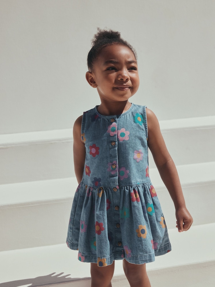 Flower Print Sleeveless Denim Dress (3mths-8yrs) - Image 1 of 9
