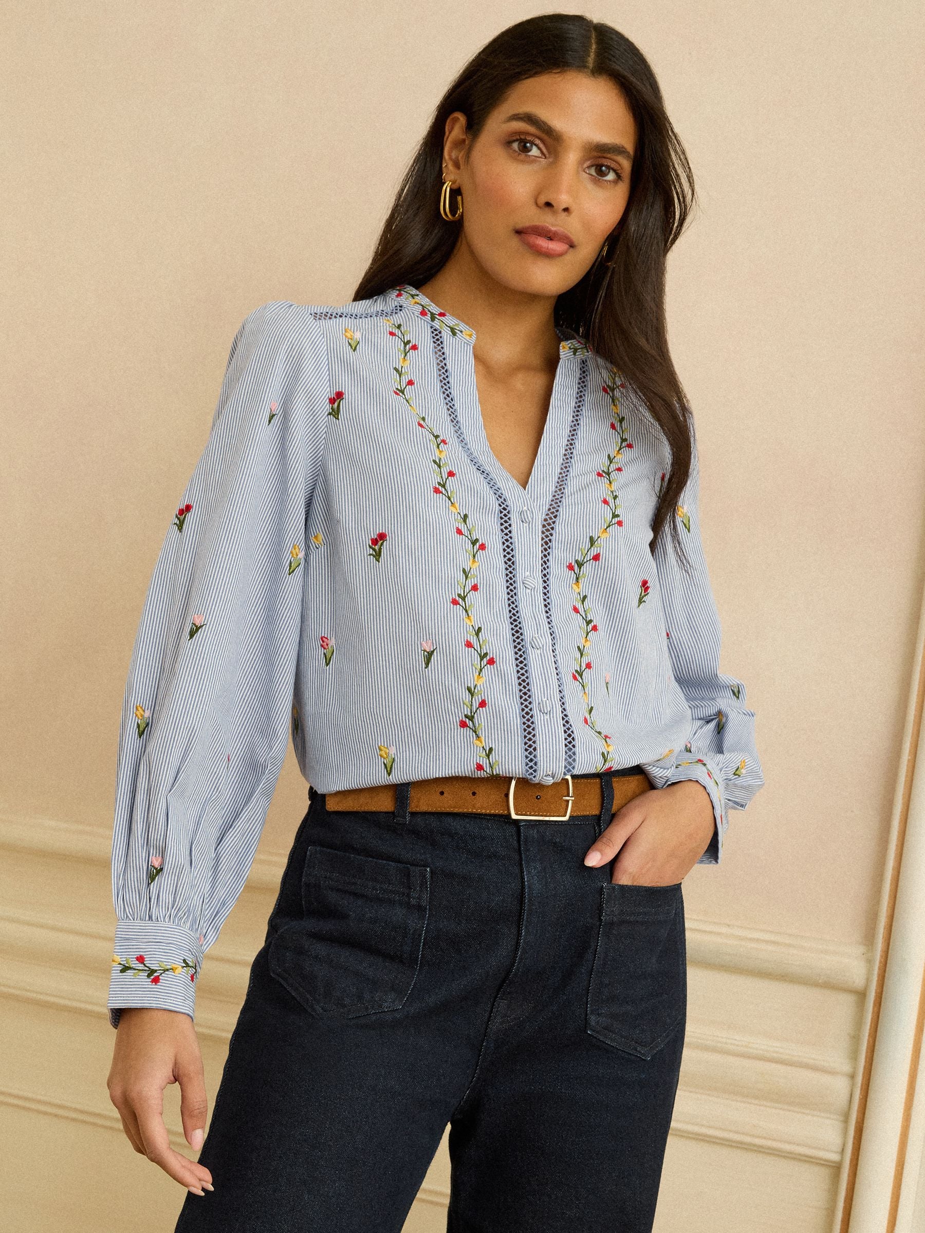 Buy Love & Roses Blue Stripe Tulip Embroidered Long Sleeve Notch