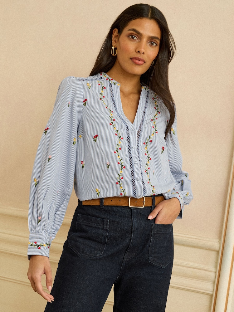 Love & Roses Blue Stripe Tulip Embroidered Long Sleeve Notch Neck Blouse - Image 2 of 4