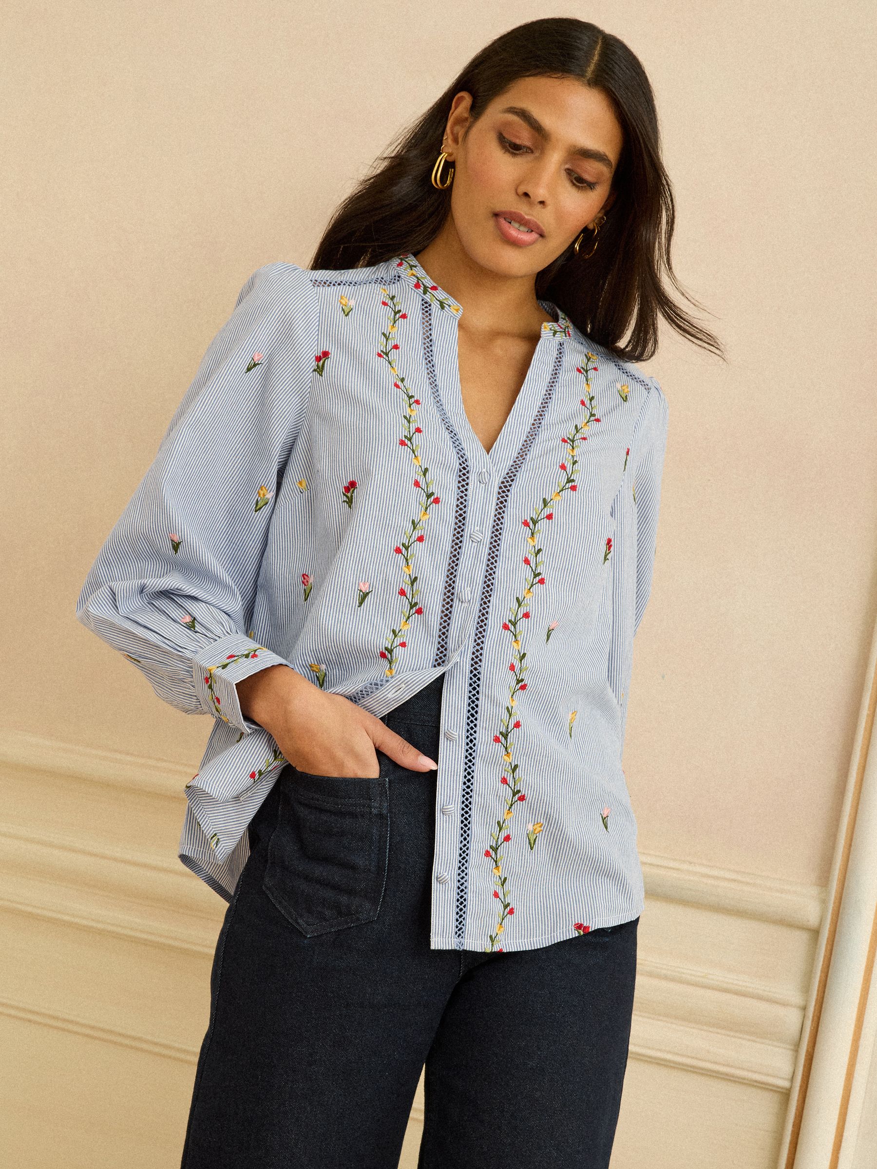 Buy Love & Roses Blue Stripe Tulip Embroidered Long Sleeve Notch