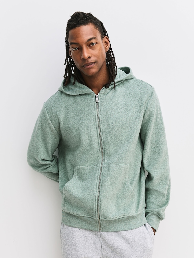 灰綠色 - 抓絨全開拉鏈連帽衫 - 圖片 1，共 8