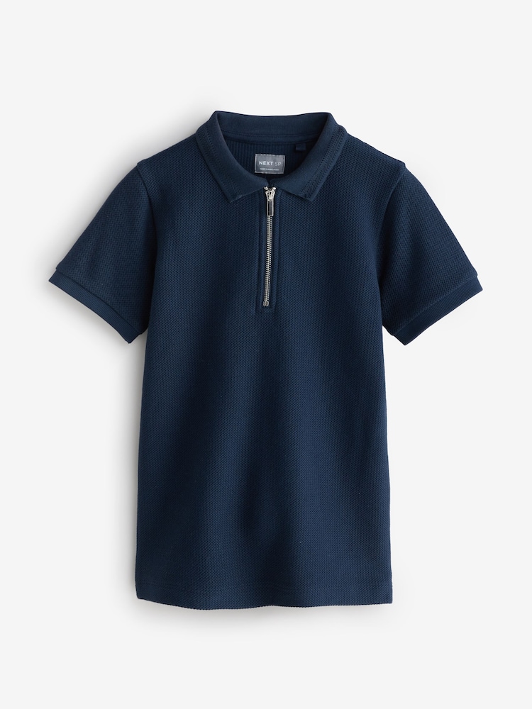 Navy Textured Smart Zip Neck Polo Shirt - Image 1 of 1