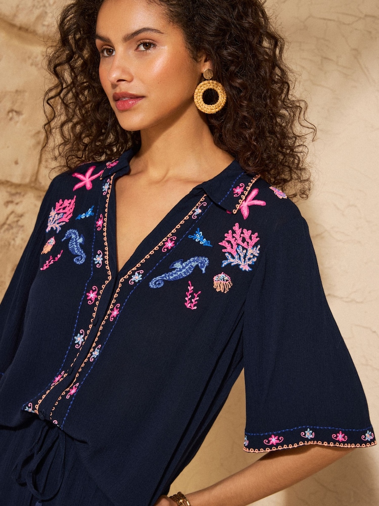 Love & Roses Embroidered Beach Shirt - 圖片 2/4