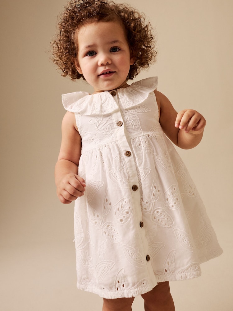 White Embroidered Frill Sleeve Dress (3mths-8yrs) - Image 1 of 4