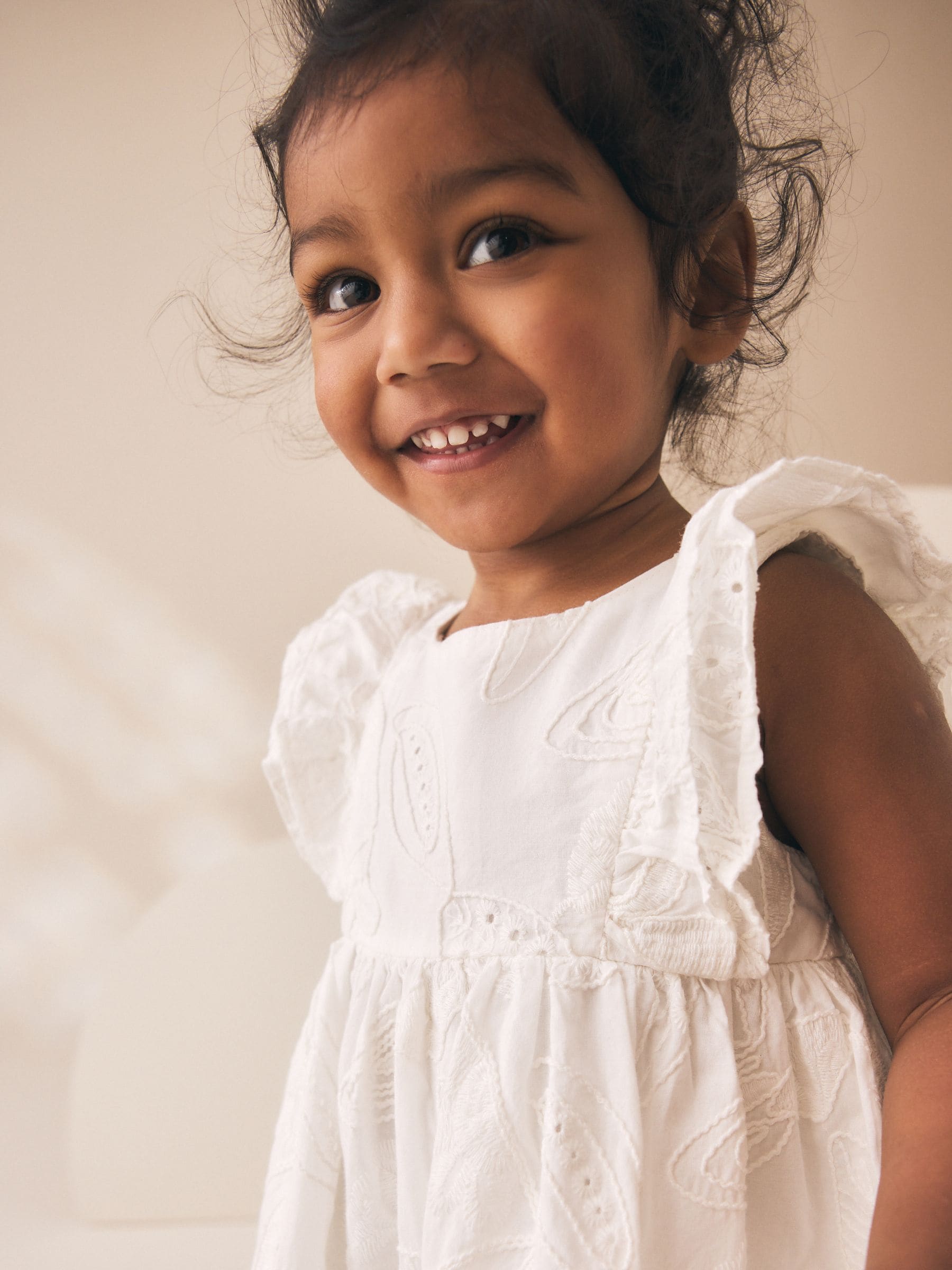 Buy White Embroidered Linen Frill Sleeve Dress (3mths-8yrs) from
