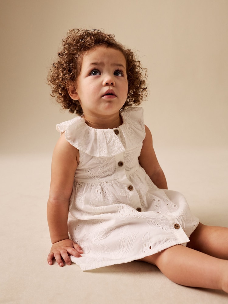White Embroidered Frill Sleeve Dress (3mths-8yrs) - Image 4 of 4