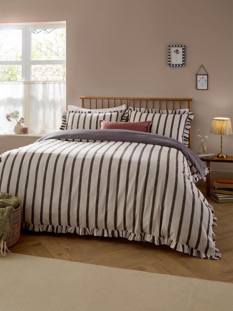 Wylder Chocolate Connie Stripe Ruffle Duvet Cover & Pillowcase Set - Image 1 of 3 Wylder Chocolate Connie Stripe Ruffle Duvet Cover & Pillowcase Set - Image 1 of 3