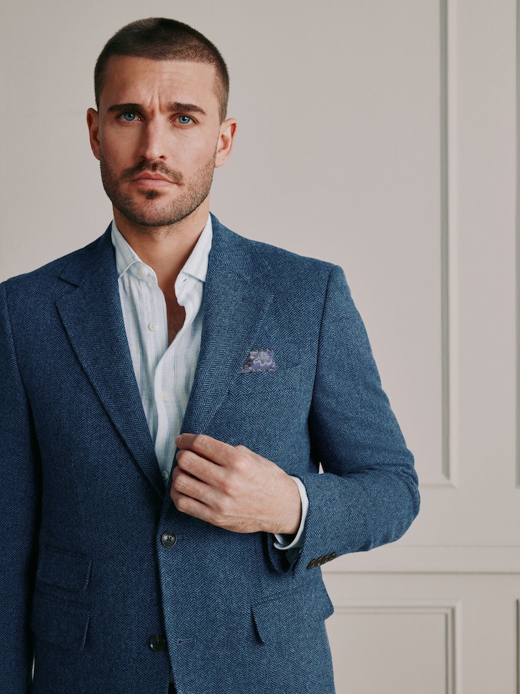 Blue Slim Fit Signature Wool Blend Herringbone Nova Fides Blazer - Image 1 of 8