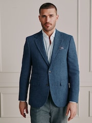 Blue Slim Fit Signature Wool Blend Herringbone Nova Fides Blazer - Image 4 of 8