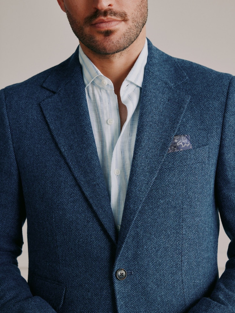 Blue Slim Fit Signature Wool Blend Herringbone Nova Fides Blazer - Image 8 of 8