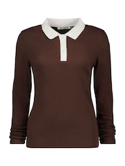 Baukjen Ellison Contrast Collar Rib Brown Polo Shirt - Image 5 of 5