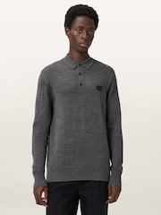 AllSaints Grey Lver Merino Long Sleeve Polo Shirt - Image 3 of 7