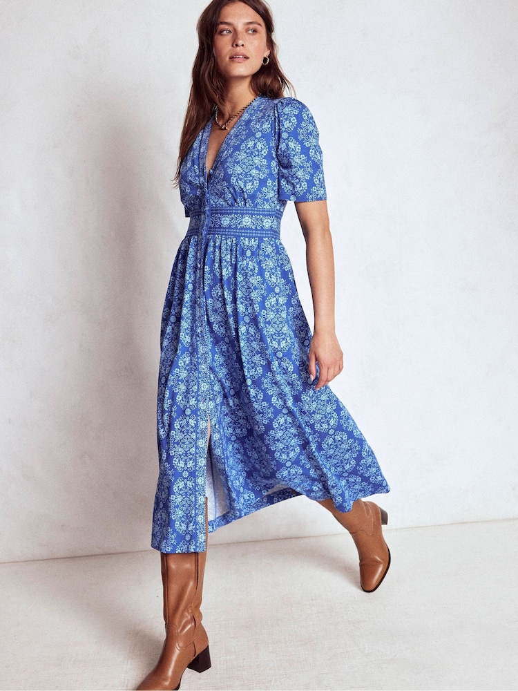 natalia blue printed maxi dress Natalia Blue and Gold Watercolor Maxi Dress