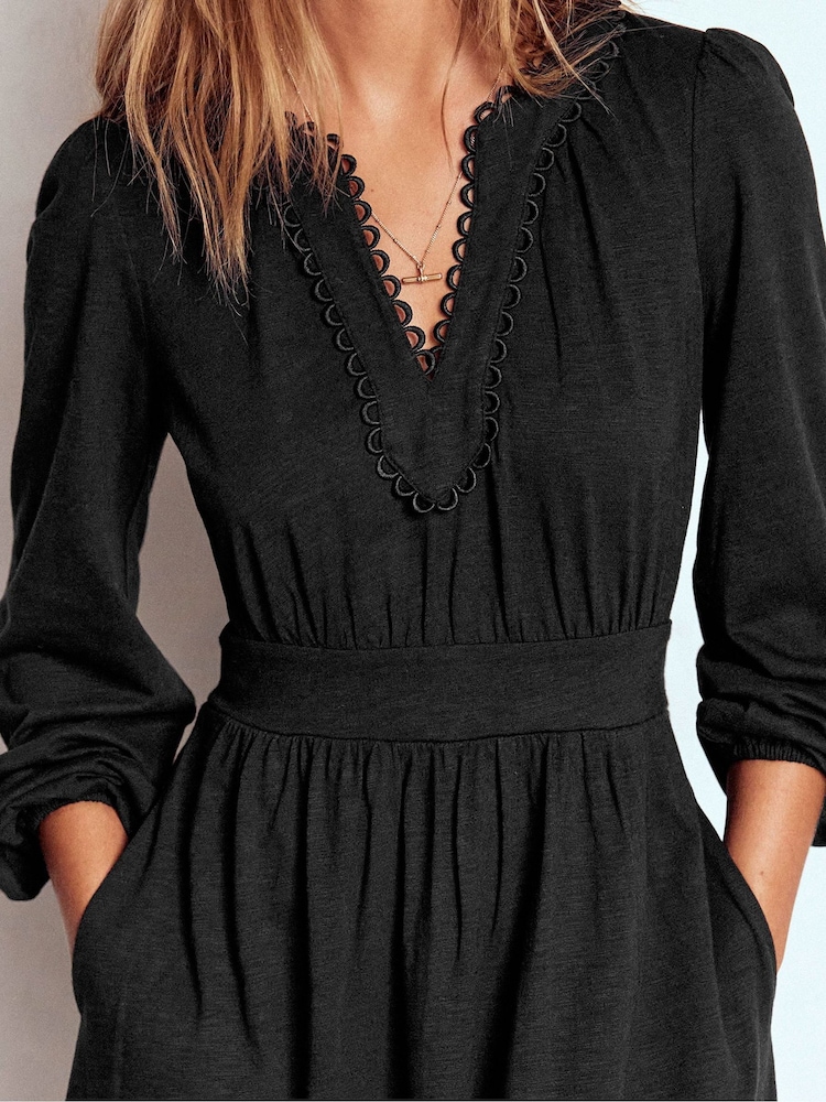 Boden Black Maddie Picot Trim Midi Dress - Image 2 of 5 Boden Black Maddie Picot Trim Midi Dress - Image 2 of 5