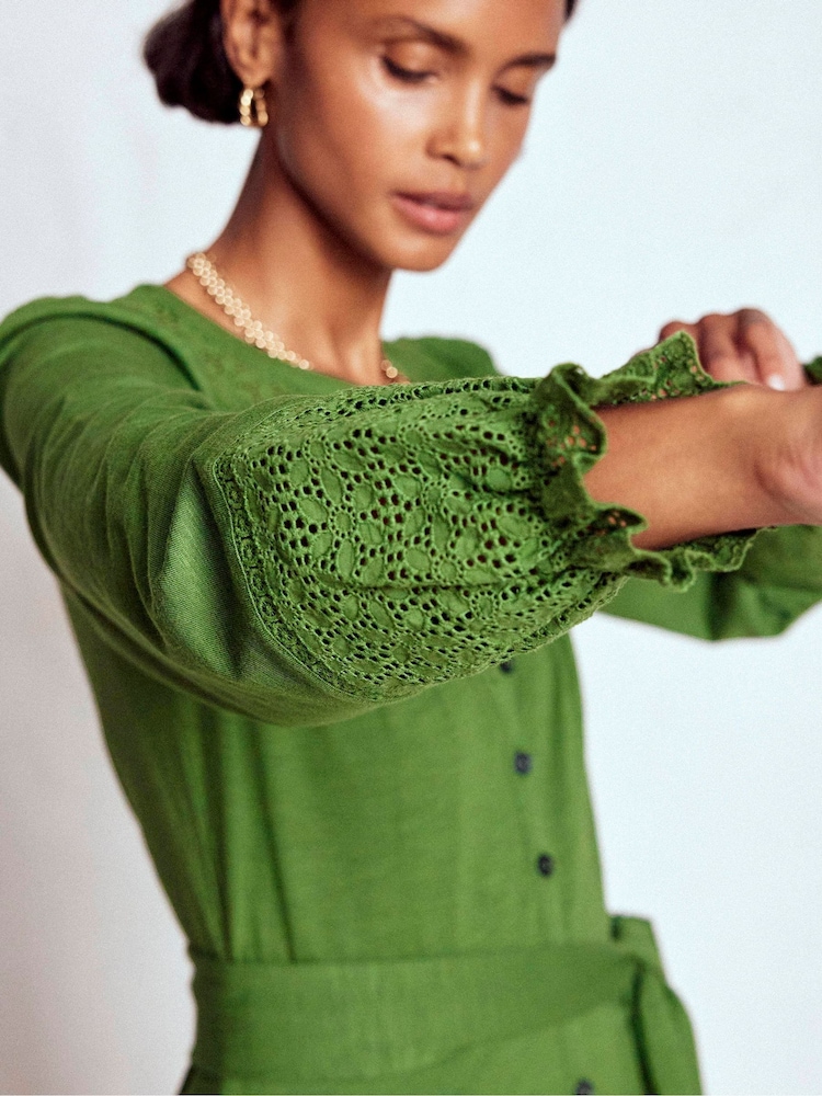 Boden Women's Pippa Broderie Jersey Dress in Green | Size 8