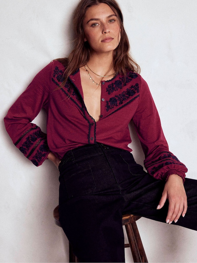 Boden Red Trim Detail Jersey Blouse - Image 1 of 4