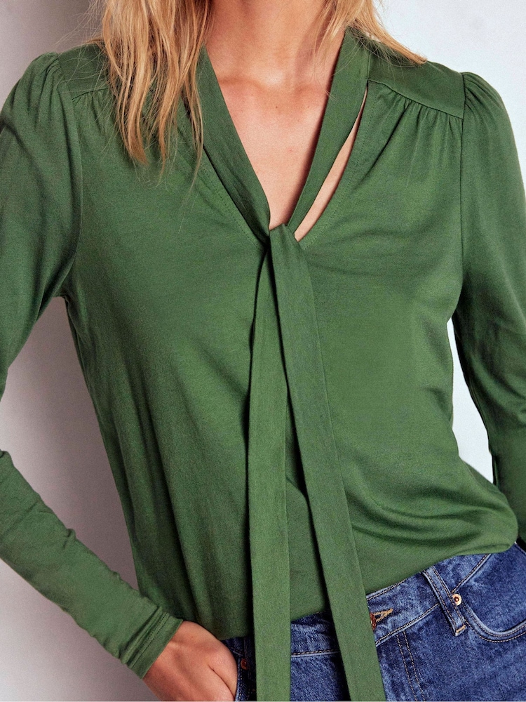 Boden Green Tie Neck Supersoft Blouse - Image 2 of 4