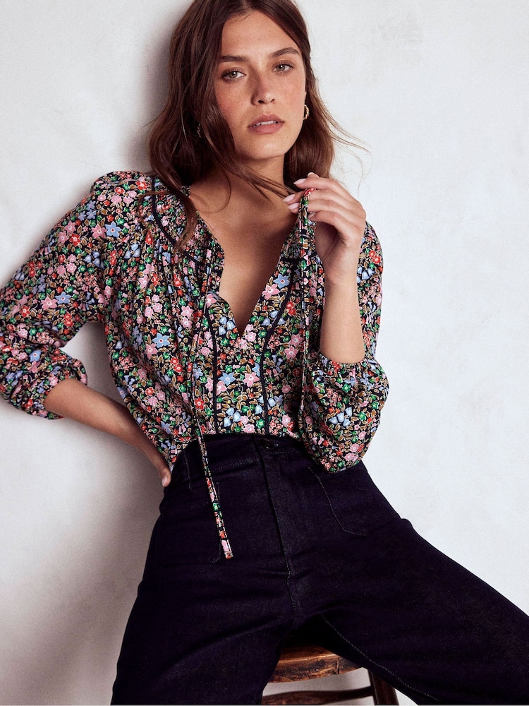 Boden Blue Georgia Smocked Jersey Blouse - Image 2 of 6